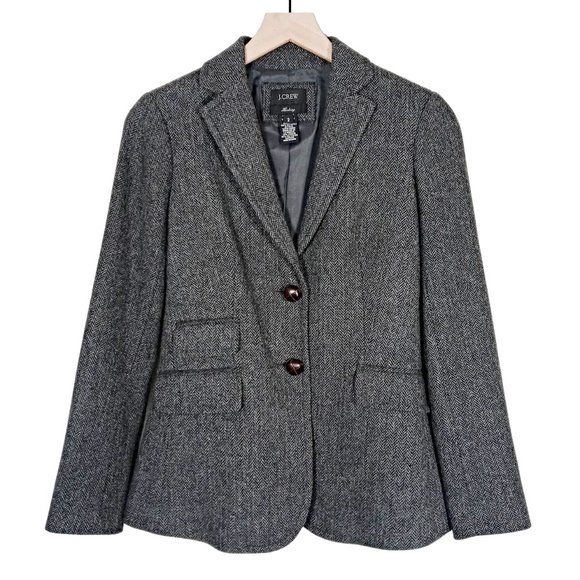 J Crew Womens Blazer Jacket Gray/Black Wool Herringbone Slim Fit